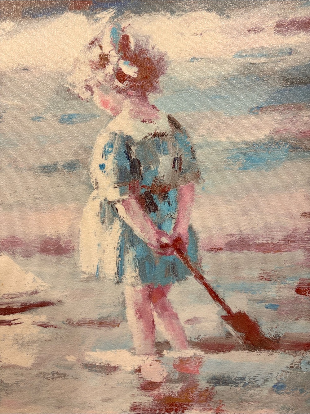 Coastal Child with Sailboat Canvas Art Print in Pink and Cream by